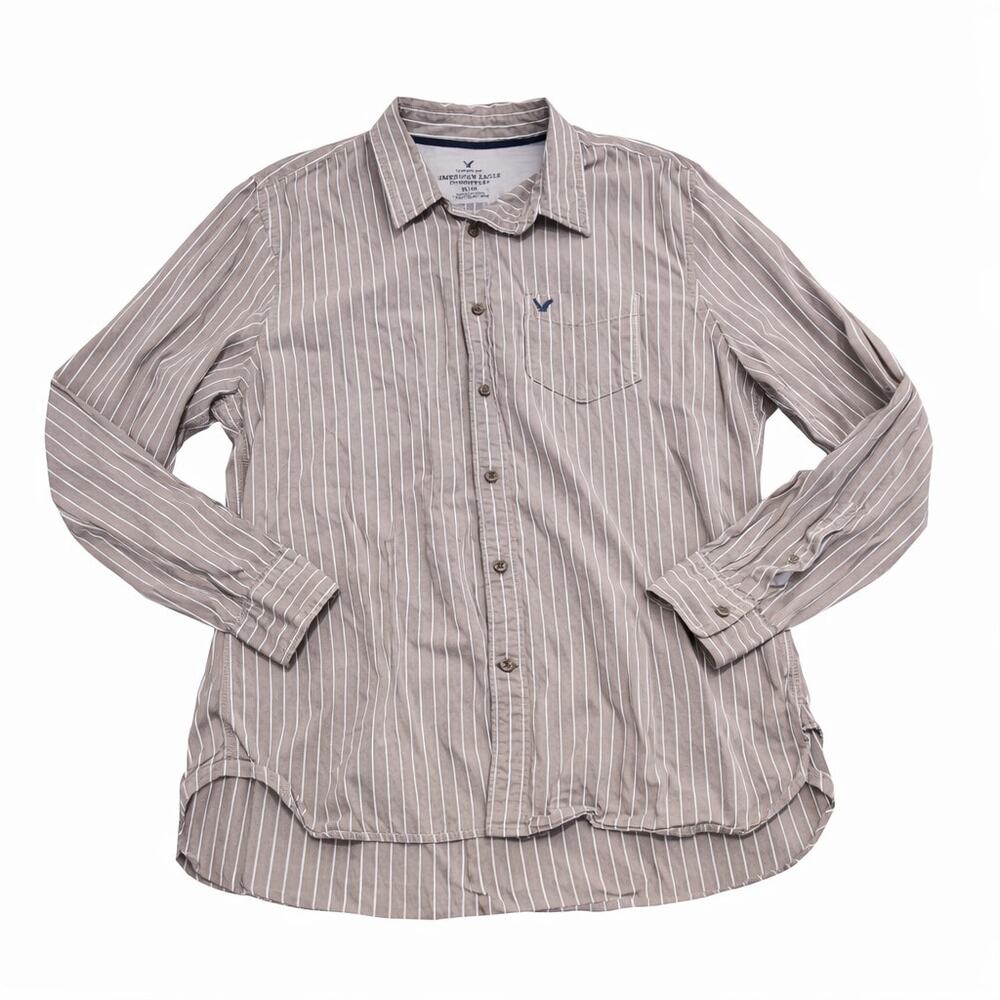American Eagle Striped Button Down Shirt Mens XL Tan White Long Sleeve Cotton